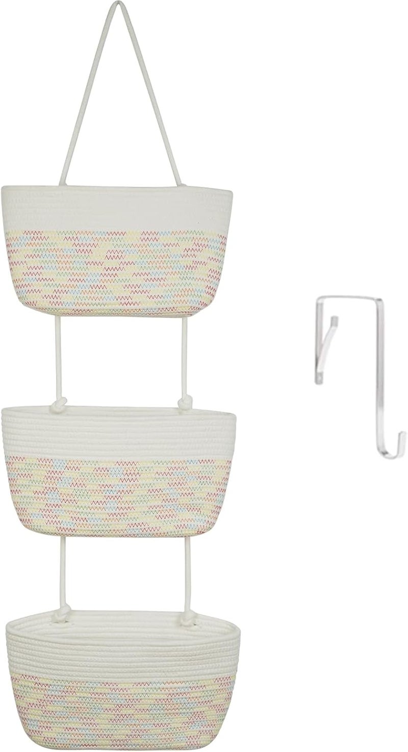 TeoKJ 3-Tier Woven Cotton Wall-Mounted Hanging Storage Baskets, Over the Door Organizer Bin for Kids Room, Bathroom, Bedroom, Kitchen, White & Rainbow Stitching - Image 1